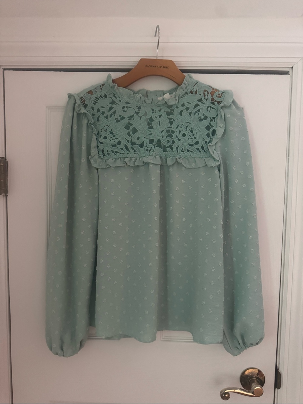 mine Mint Green Lace Yoke Long Sleeve Blouse